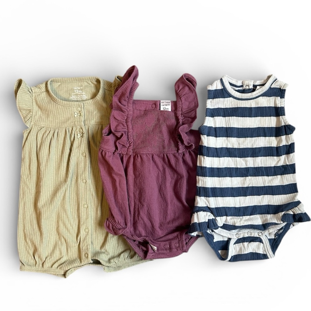 12 month Kate Quinn & Carters Kids Bundle Rompers in Green, Purple, and Blue